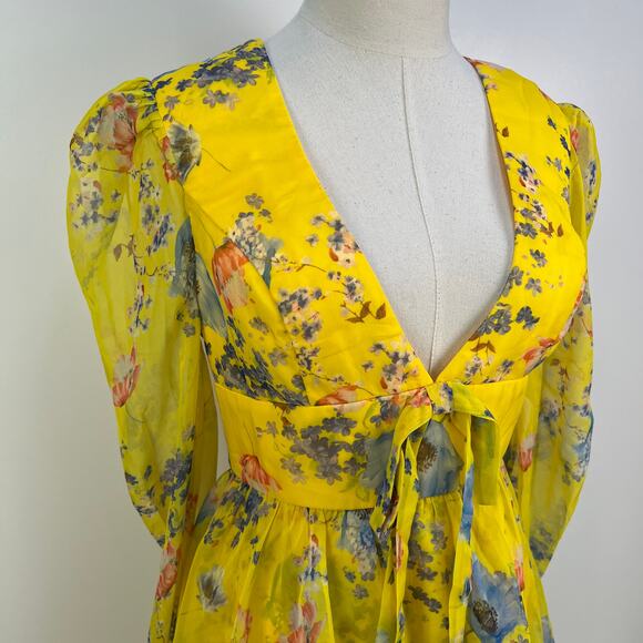 Mac Duggal Long-Sleeve V-Neck Mini Dress Anthropologie Yellow Printed Floral - Picture 4 of 12